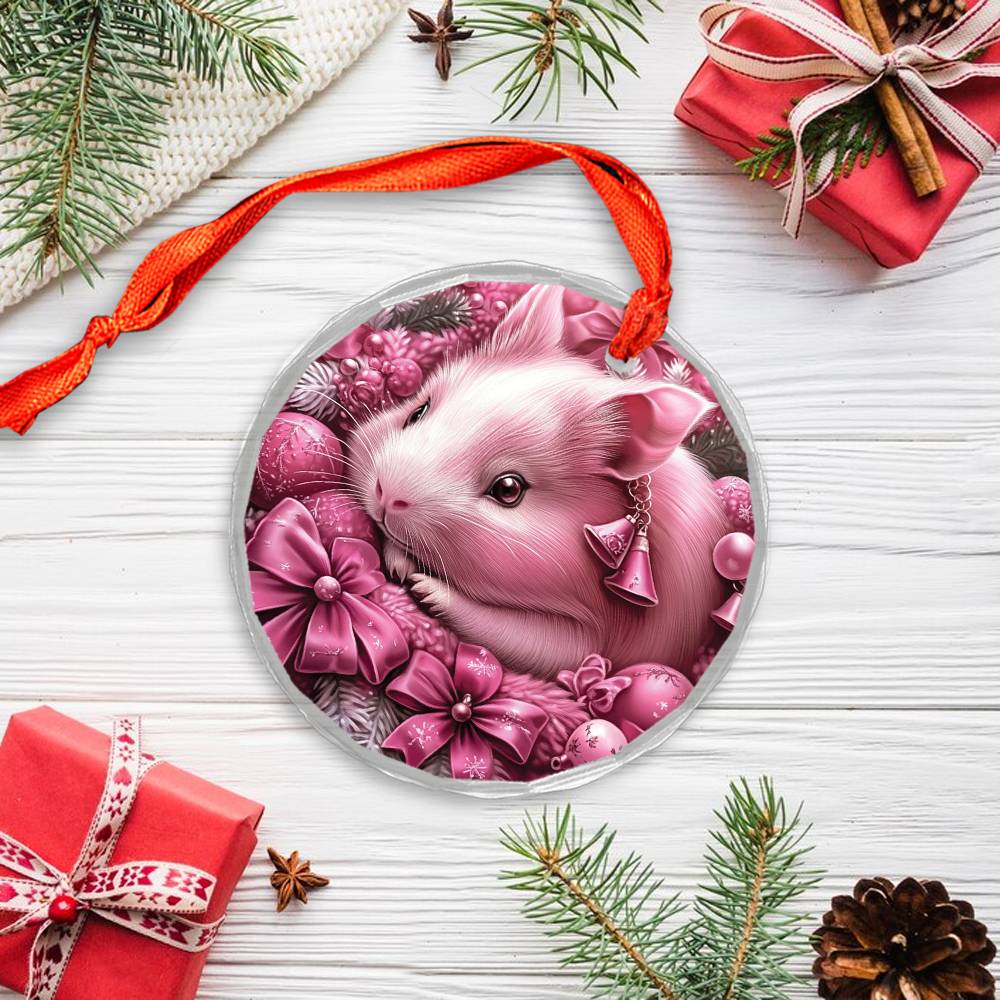 Guinea Pig Pink Christmas Design 4 Glass Ornament