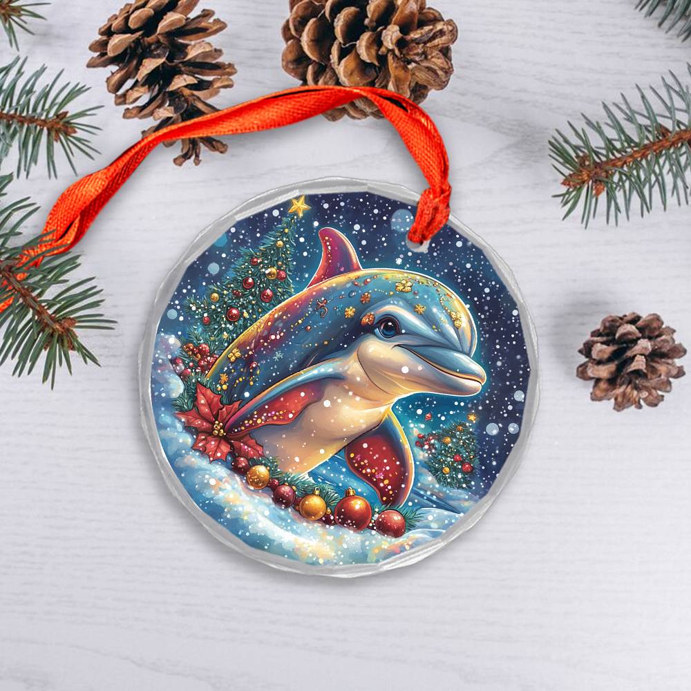 Beautiful Angus Dolphin Christmas Night Design 2 Glass Ornament