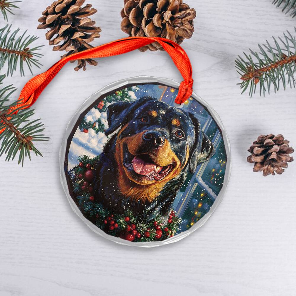 Beautiful Angus Rottweiler Dog Christmas Night Design 1 Glass Ornament