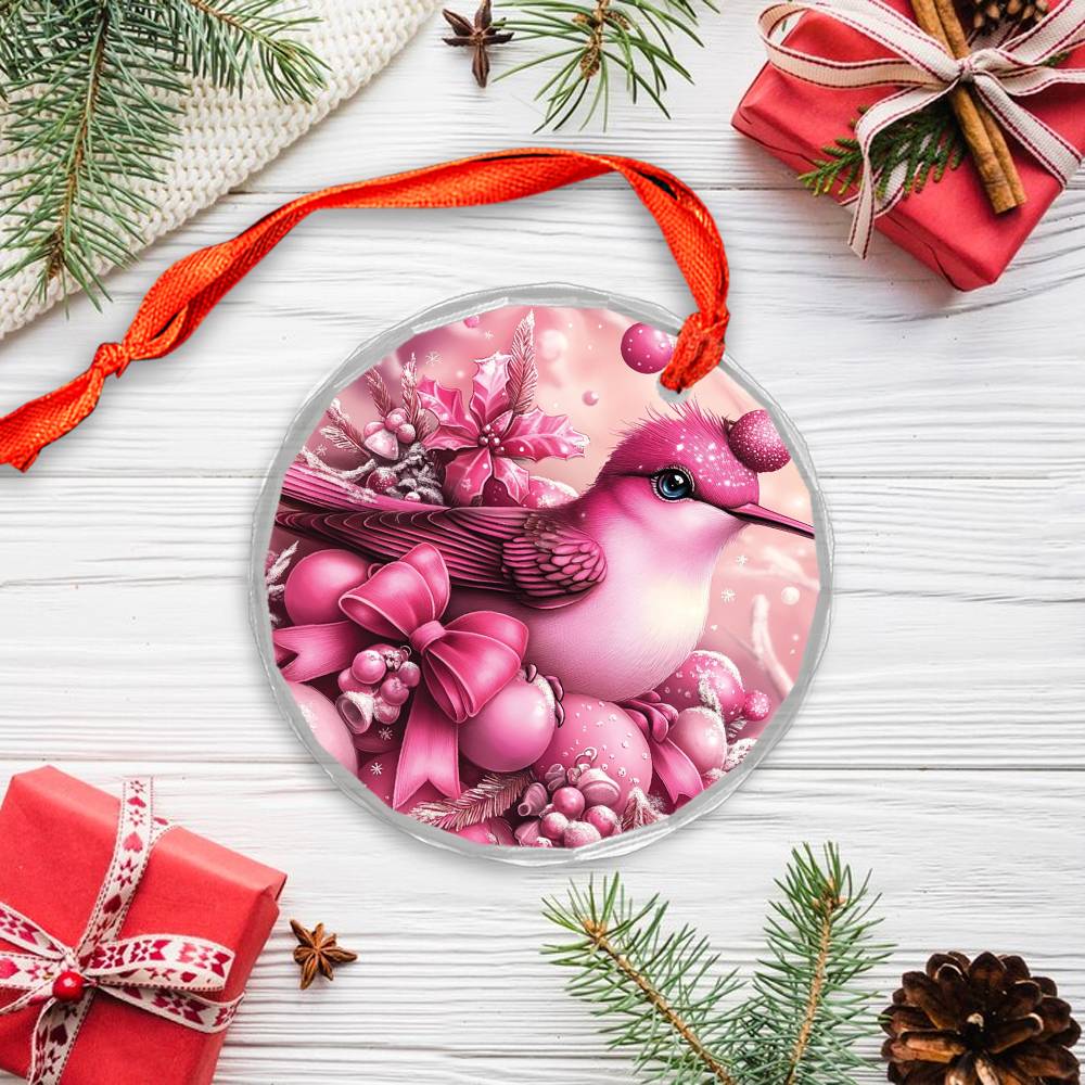 Hummingbird Pink Christmas Design 1 Glass Ornament