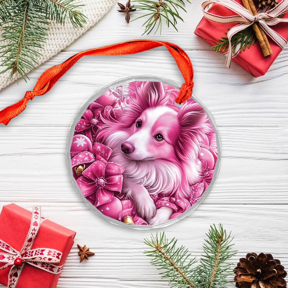 Collie Dog Pink Christmas Design 4 Glass Ornament