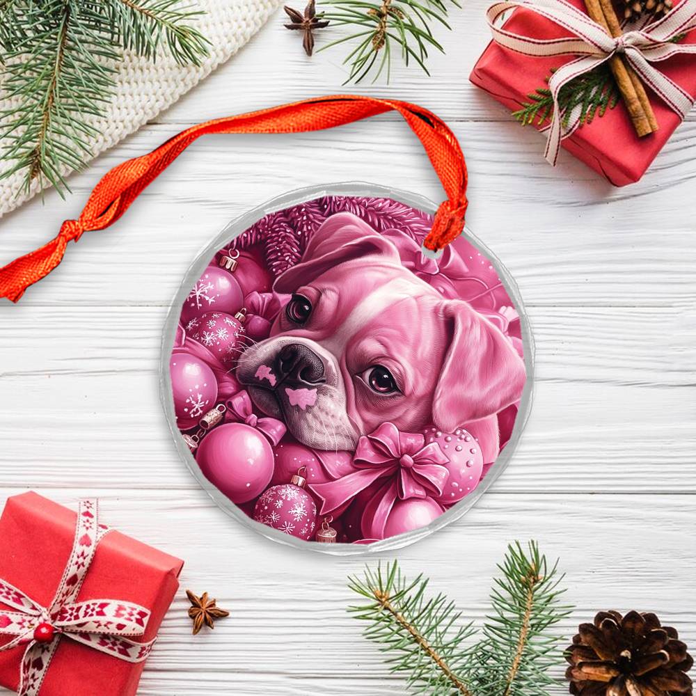 Boxer Dog Pink Christmas Design 3 Glass Ornament