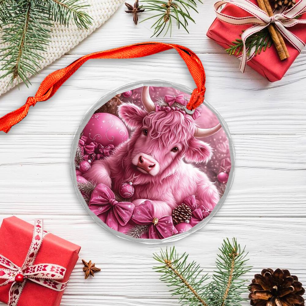 Highland Cow Pink Christmas Design 1 Glass Ornament