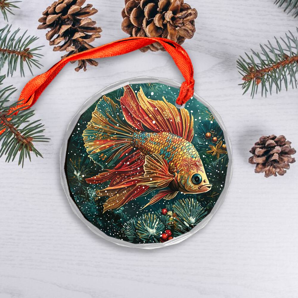 Beautiful Angus Betta Fish Christmas Night Design 1 Glass Ornament