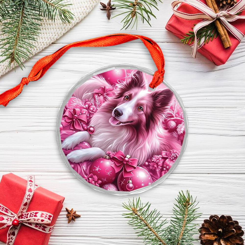 Collie Dog Pink Christmas Design 3 Glass Ornament