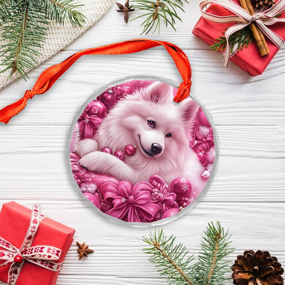 Samoyed Dog Pink Christmas Design 1 Glass Ornament
