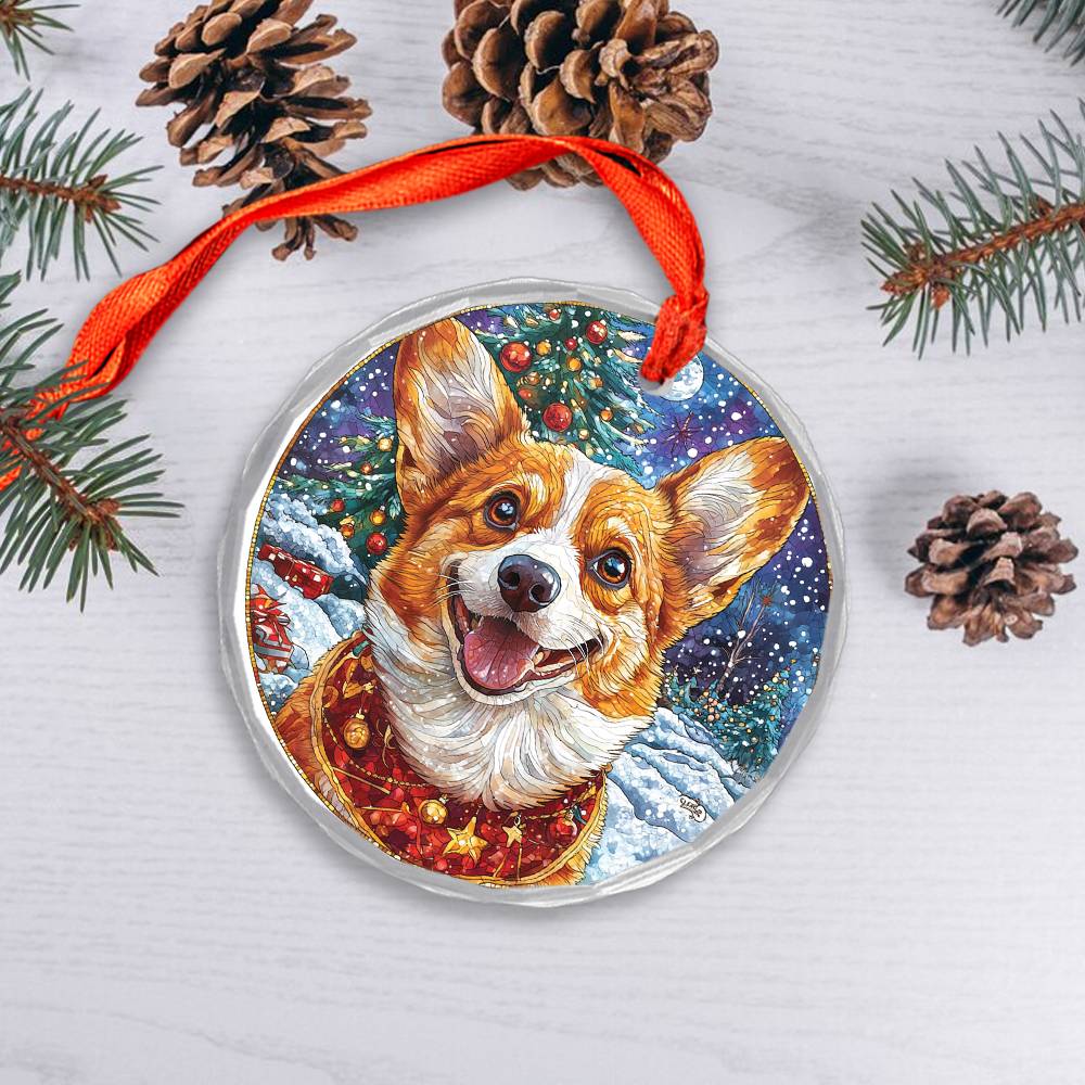Beautiful Angus Corgi Dog Christmas Night Design 4 Glass Ornament
