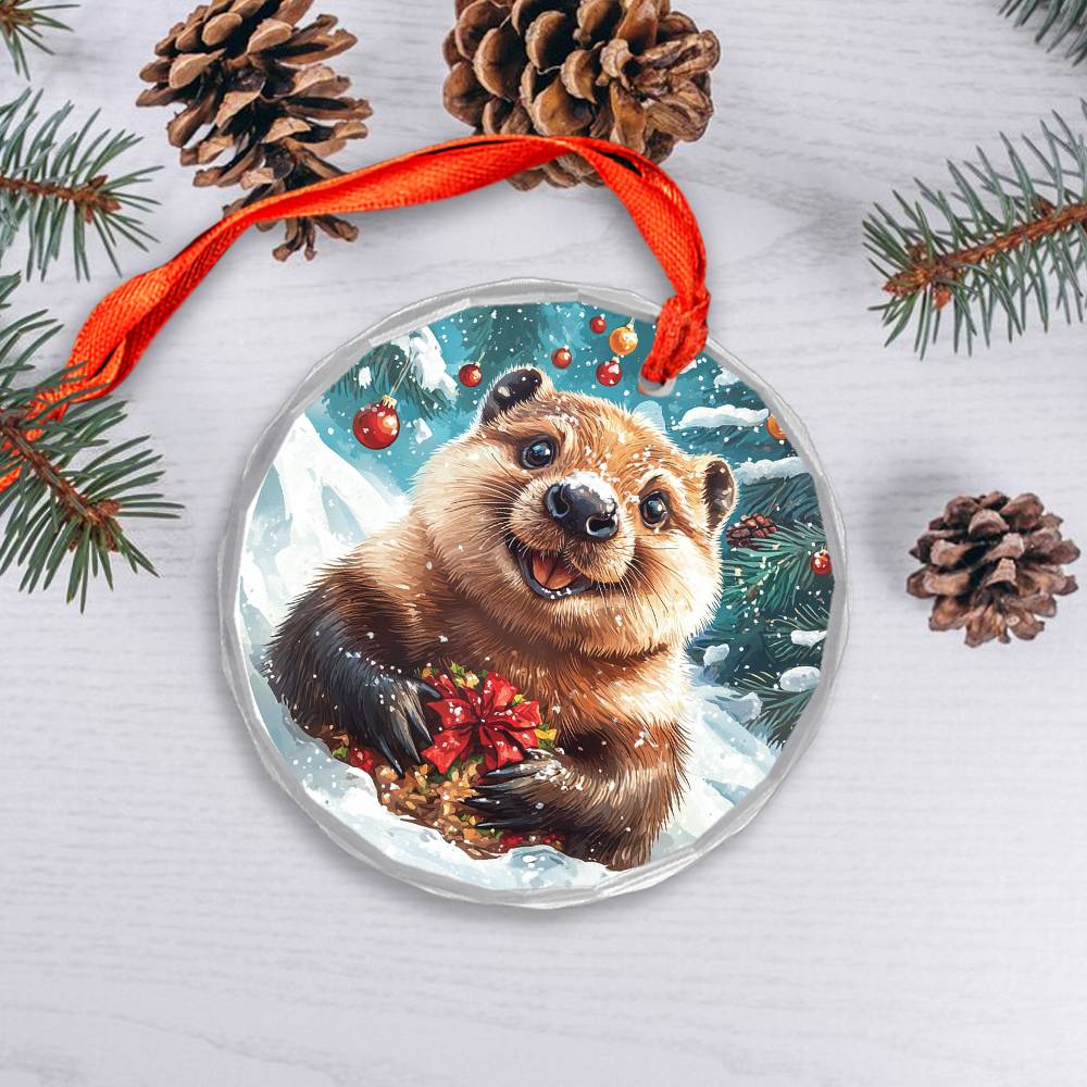 Beautiful Angus Beaver Christmas Night Design 2 Glass Ornament