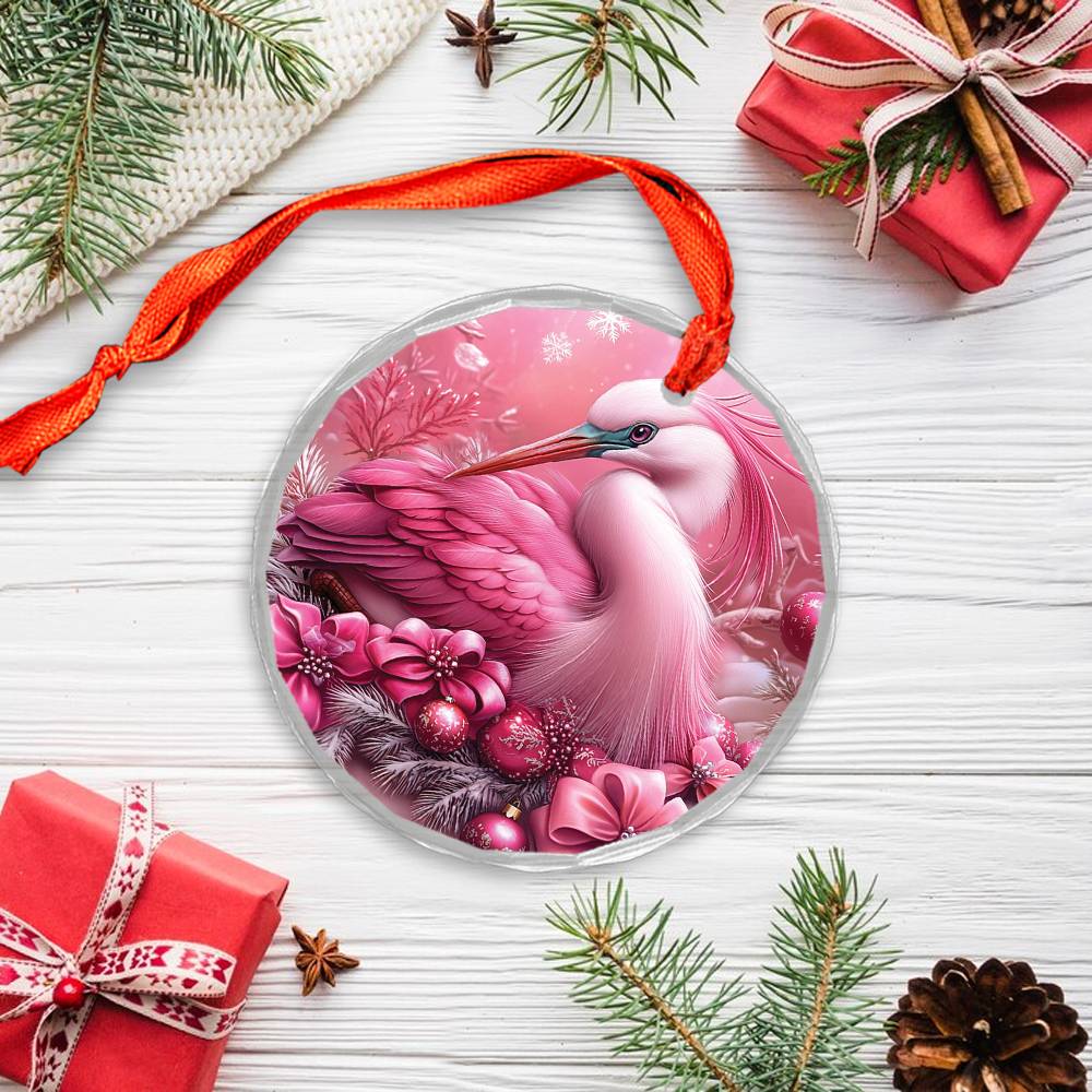 Heron Pink Christmas Design 3 Glass Ornament