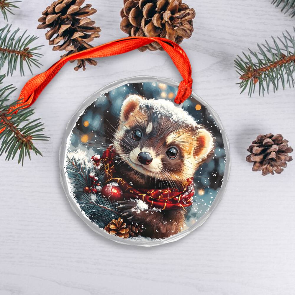 Beautiful Ferret Christmas Night Design 3 Glass Ornament