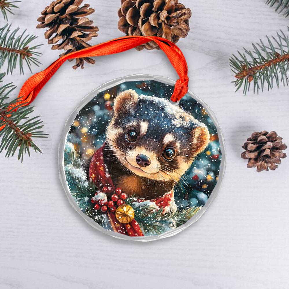Beautiful Ferret Christmas Night Design 4 Glass Ornament