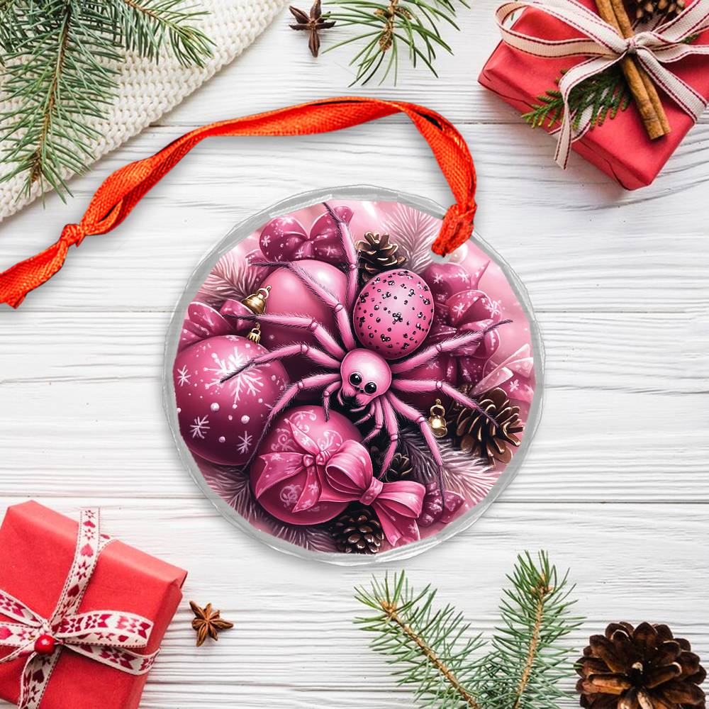 Spider Pink Christmas Design 2 Glass Ornament