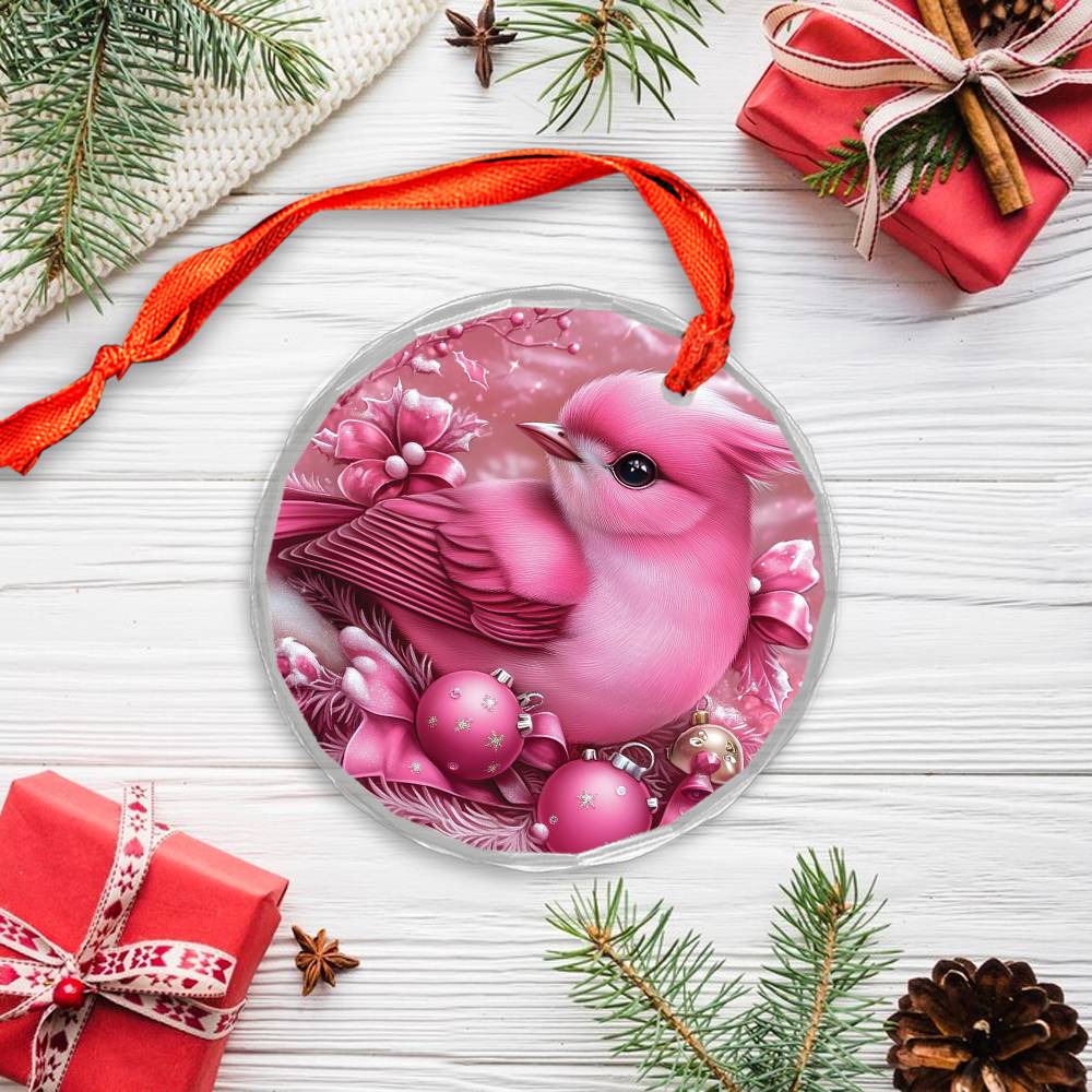 Songbird Pink Christmas Design 4 Glass Ornament
