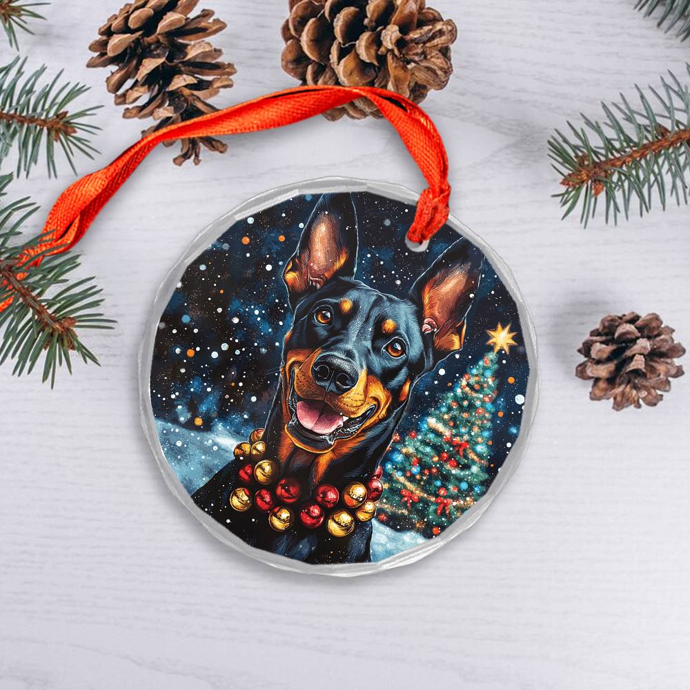 Beautiful Angus Doberman Pinscher Dog Christmas Night Design 4 Glass Ornament