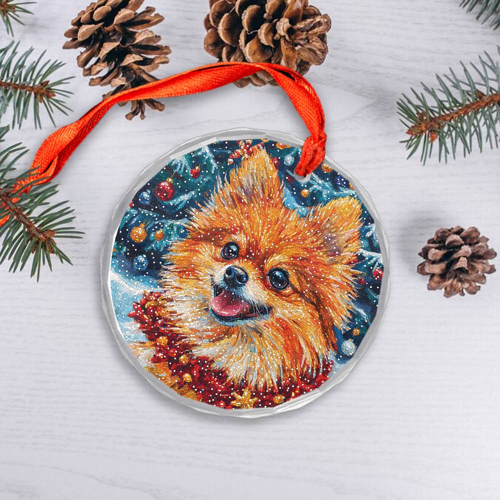 Beautiful Angus Pomeranian Dog Christmas Night Design 2 Glass Ornament