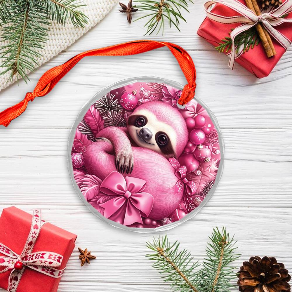 Sloth Pink Christmas Design 1 Glass Ornament