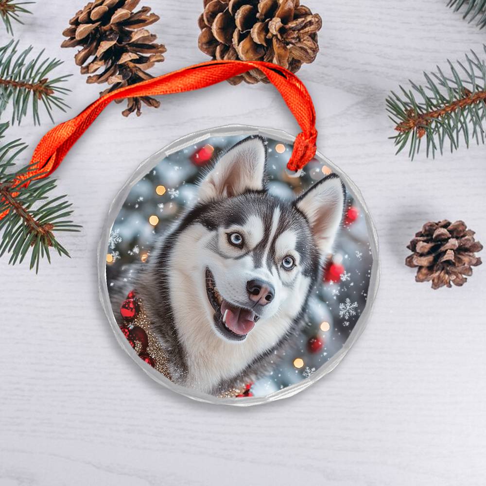Beautiful Angus Huskie Dog Christmas Night Design 3 Glass Ornament