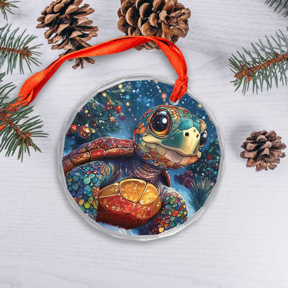 Beautiful Angus Turtle Christmas Night Design 2 Glass Ornament