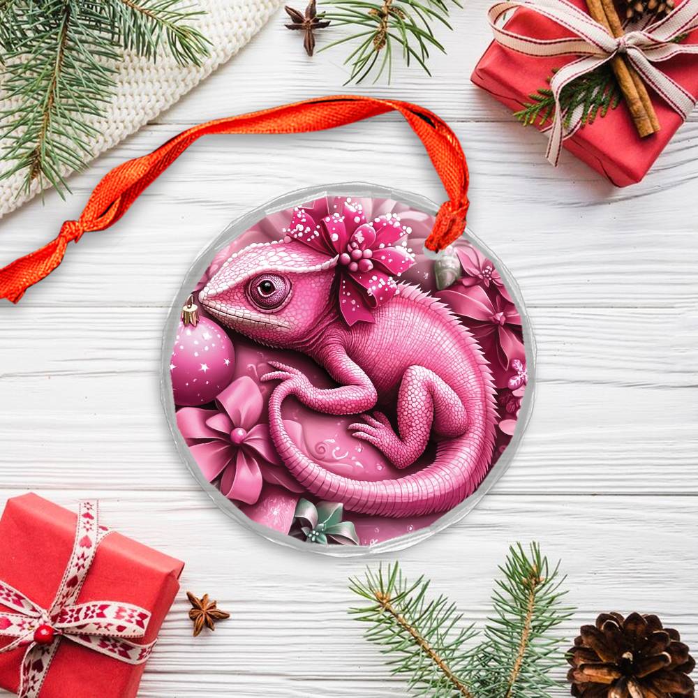 Chameleon Pink Christmas Design 1 Glass Ornament