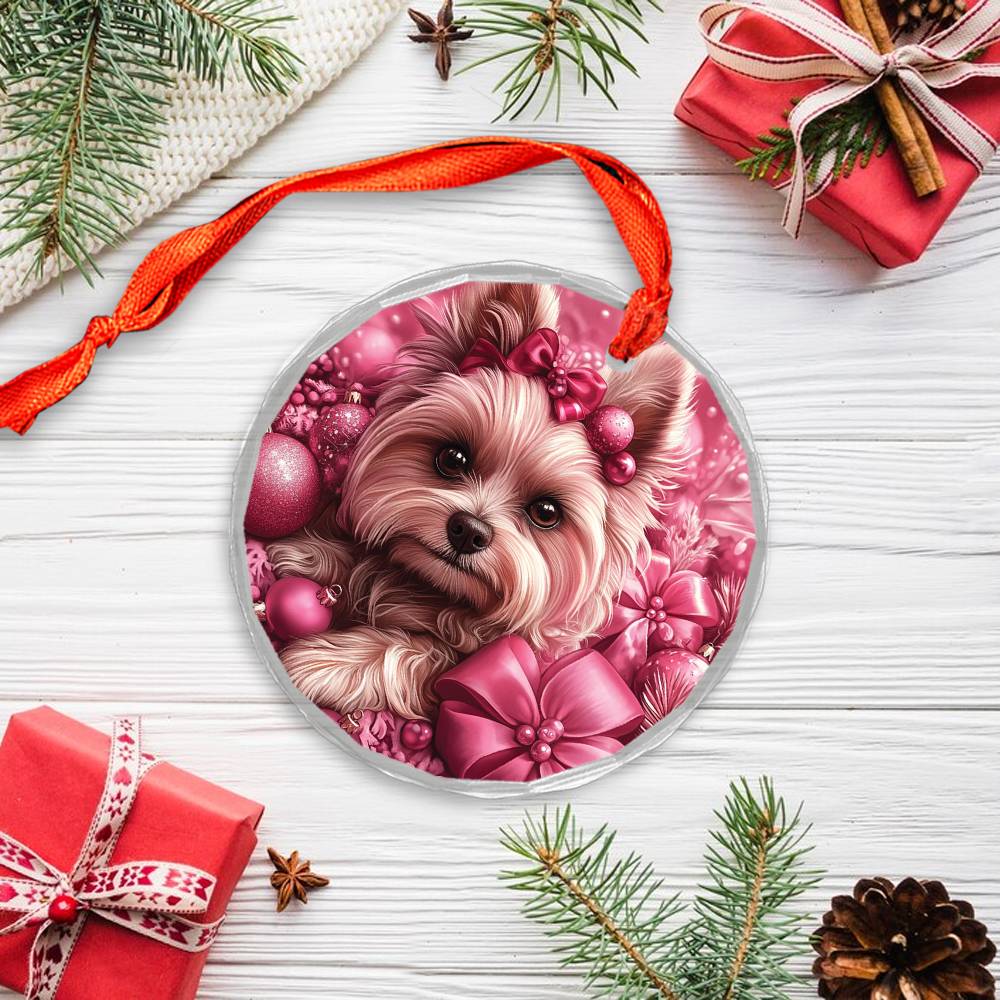 Yorkshire Terrier Dog Pink Christmas Design 4 Glass Ornament