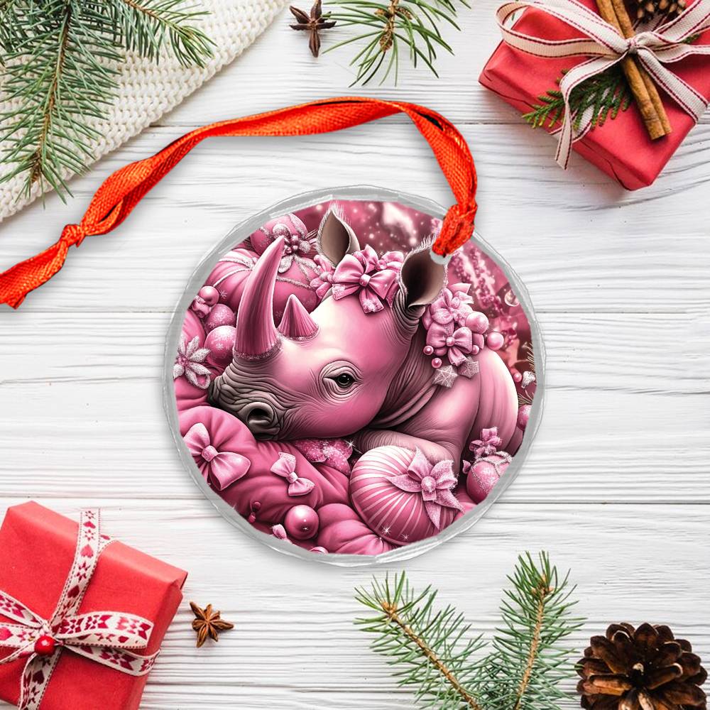 Rhino Pink Christmas Design 3 Glass Ornament