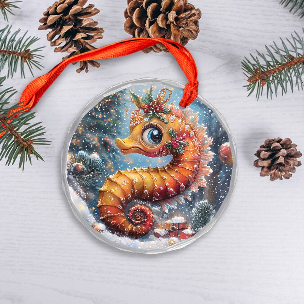 Beautiful Angus Seahorse Christmas Night Design 2 Glass Ornament