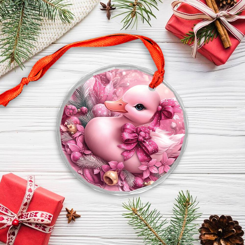 Duck Pink Christmas Design 1 Glass Ornament