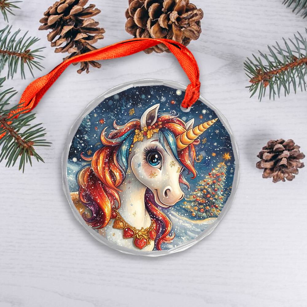 Beautiful Angus Unicorn Christmas Night Design 3 Glass Ornament