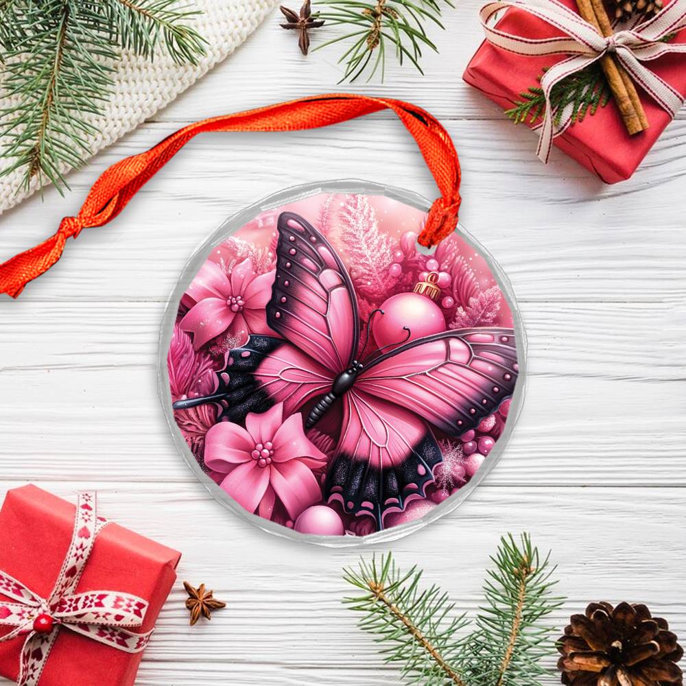 Butterfly Pink Christmas Design 4 Glass Ornament