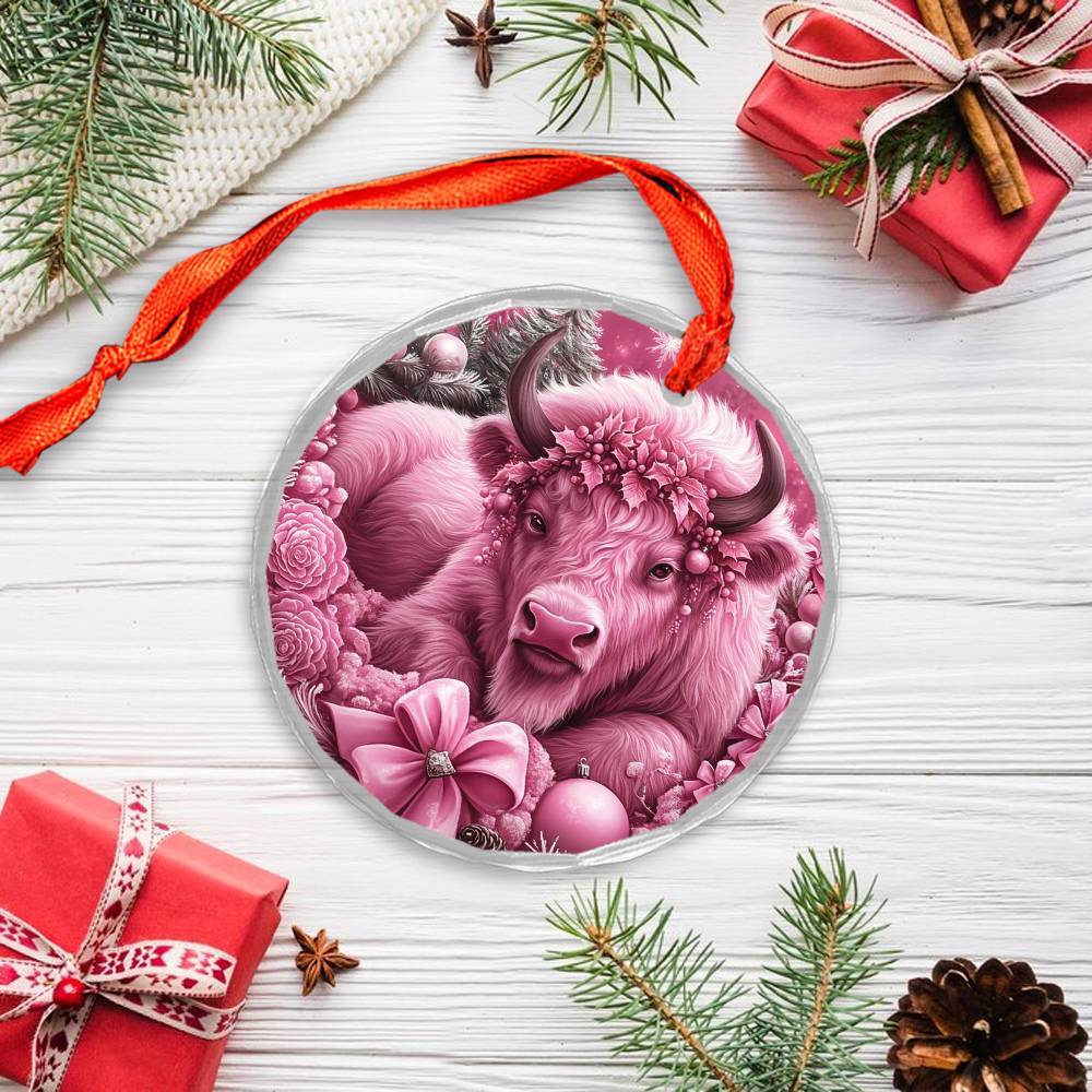 Bison Pink Christmas Design 3 Glass Ornament