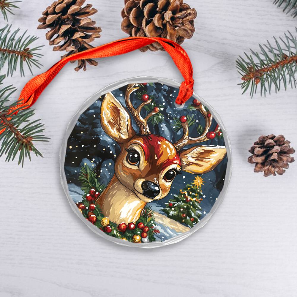 Beautiful Angus Deer Christmas Night Design 1 Glass Ornament