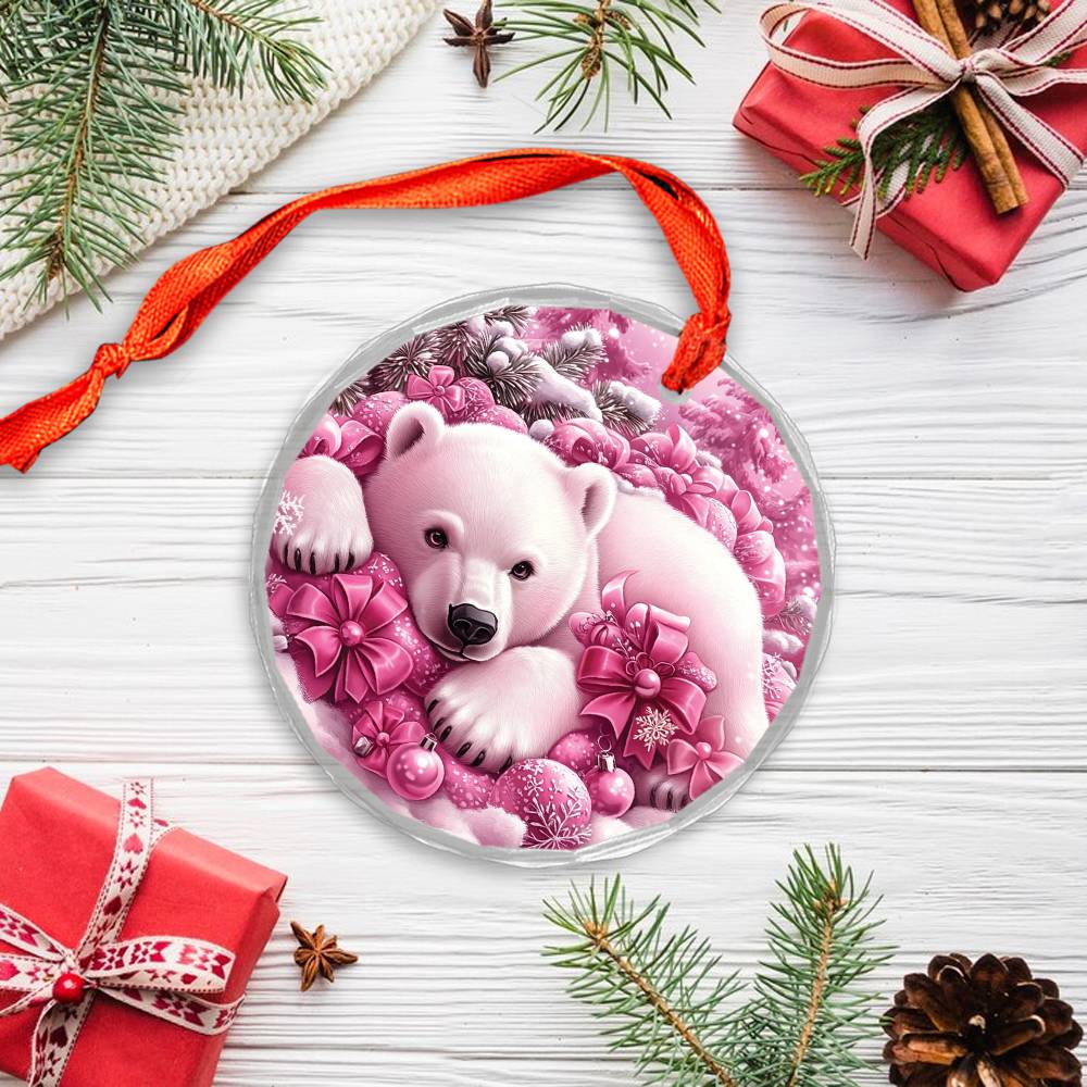 Pola Bear Pink Christmas Design 2 Glass Ornament