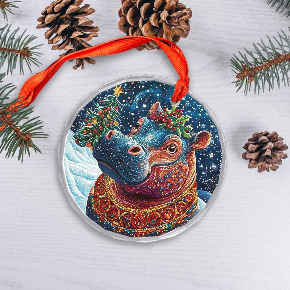 Beautiful Hippo Christmas Night Design 3 Glass Ornament