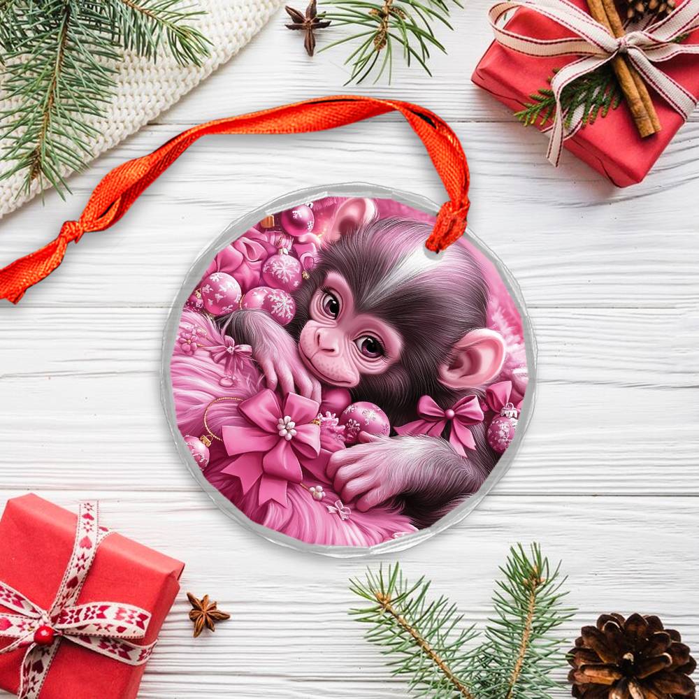 Monkey Pink Christmas Design 1 Glass Ornament