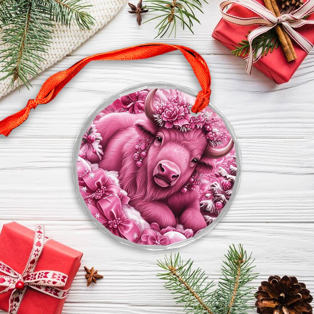 Bison Pink Christmas Design 1 Glass Ornament