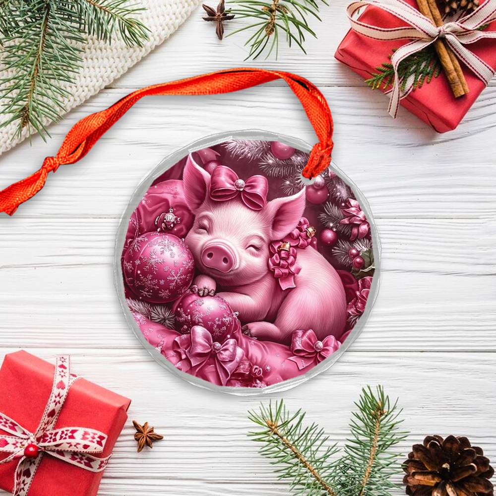 Pig Pink Christmas Design 1 Glass Ornament