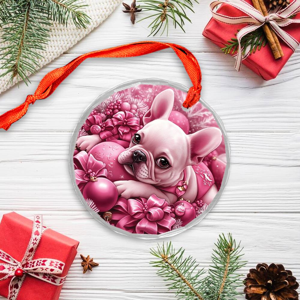 French Bulldog Pink Christmas Design 2 Glass Ornament