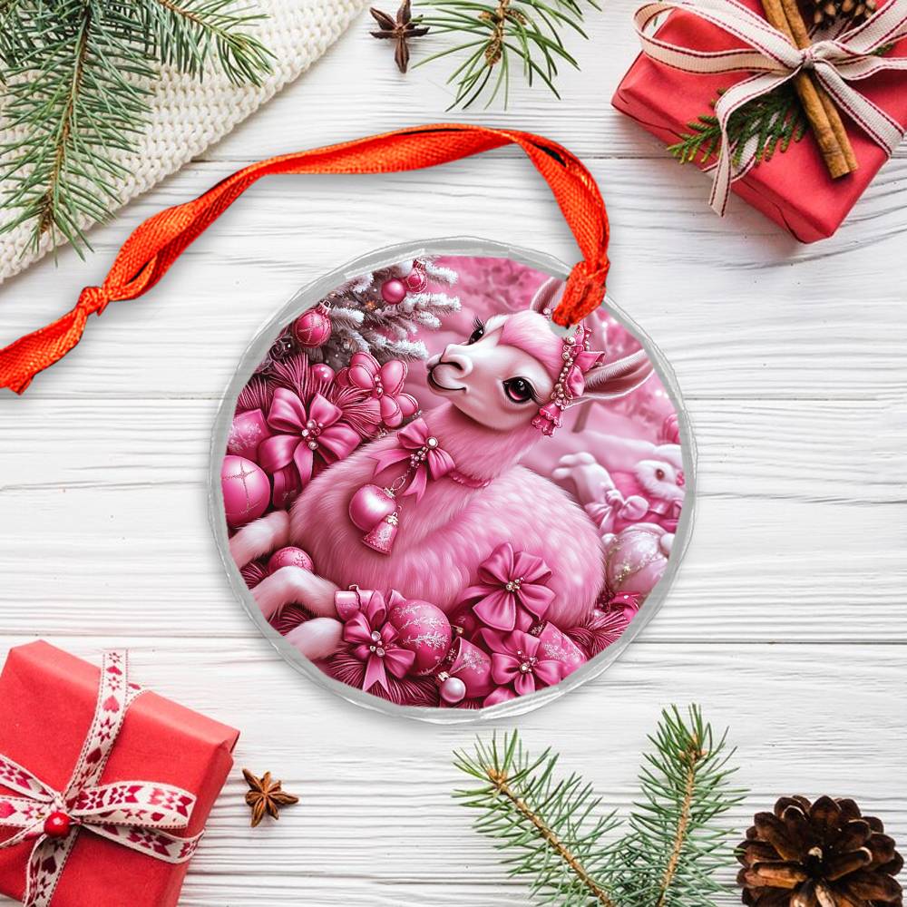Llama Pink Christmas Design 1 Glass Ornament
