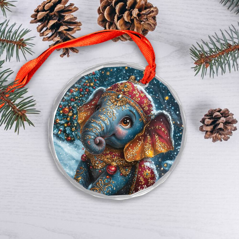 Beautiful Elephant Christmas Night Design 2 Glass Ornament