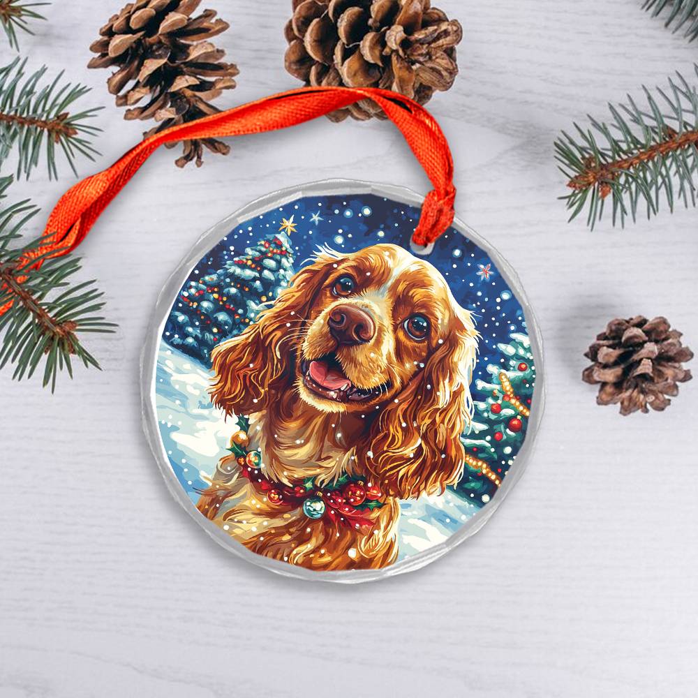 Beautiful English Cocker Spaniel Dog Christmas Night Design 1 Glass Ornament