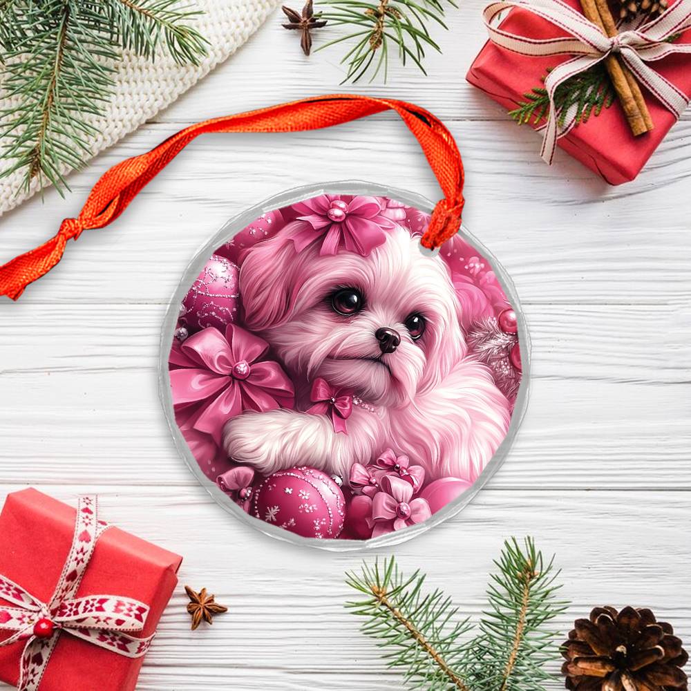 Shih Tzu Dog Pink Christmas Design 1 Glass Ornament