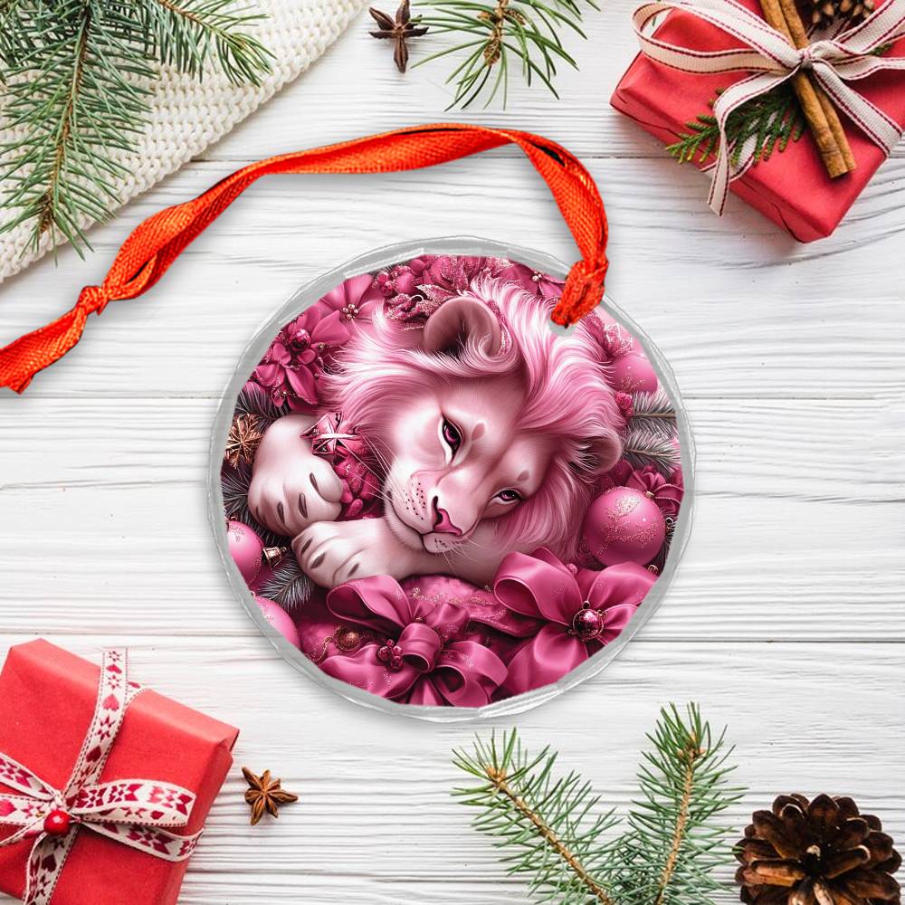 Lion Pink Christmas Design 4 Glass Ornament