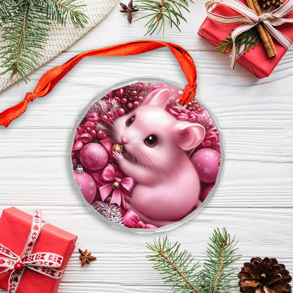 Hamster Pink Christmas Design 3 Glass Ornament