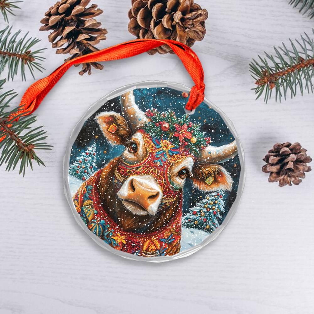 Beautiful Bull Christmas Night Design 4 Glass Ornament