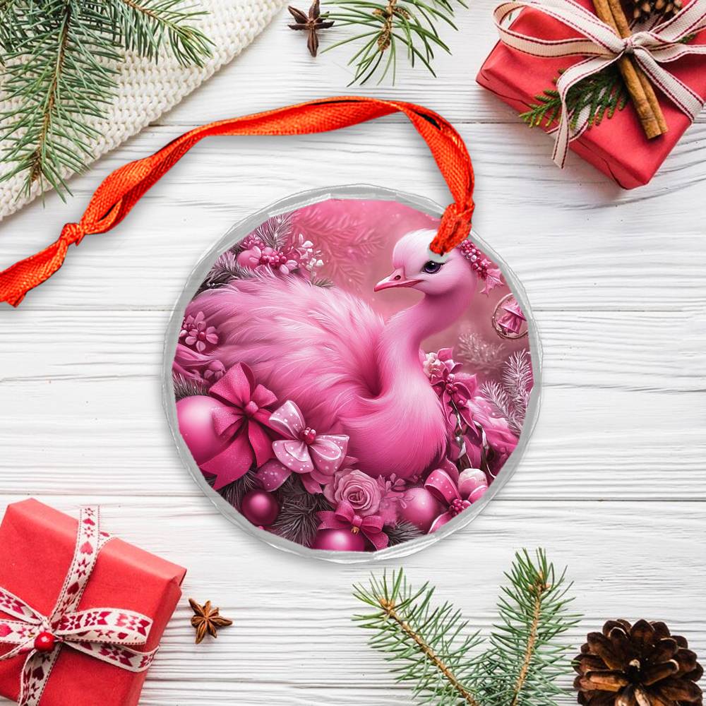Ostrich Pink Christmas Design 2 Glass Ornament