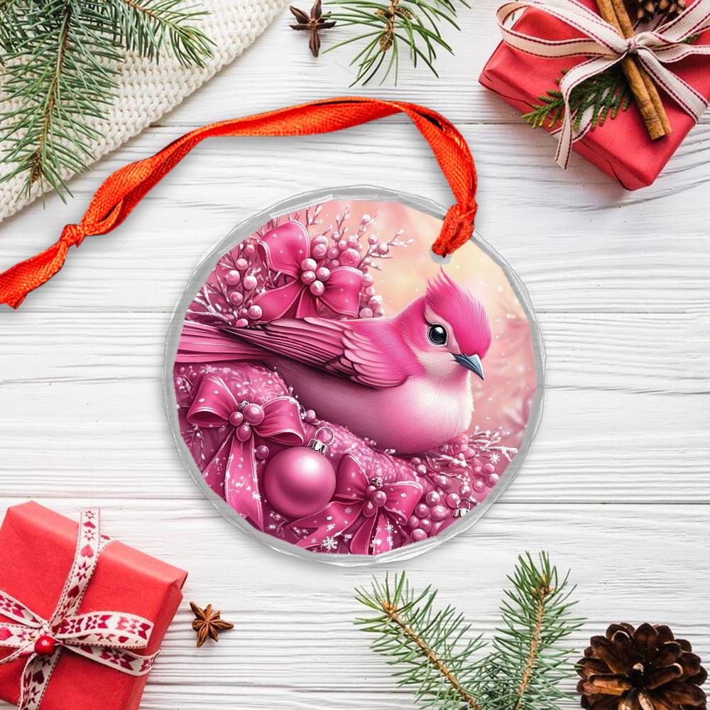 Songbird Pink Christmas Design 3 Glass Ornament