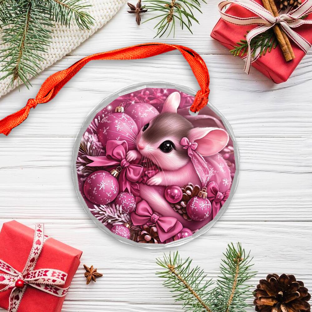 Mice Pink Christmas Design 3 Glass Ornament