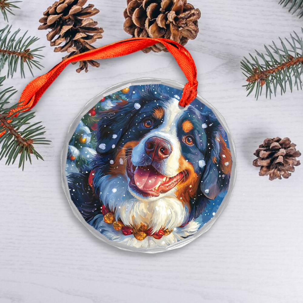 Beautiful Angus Bernese Mountain Dog Christmas Night Design 2 Glass Ornament
