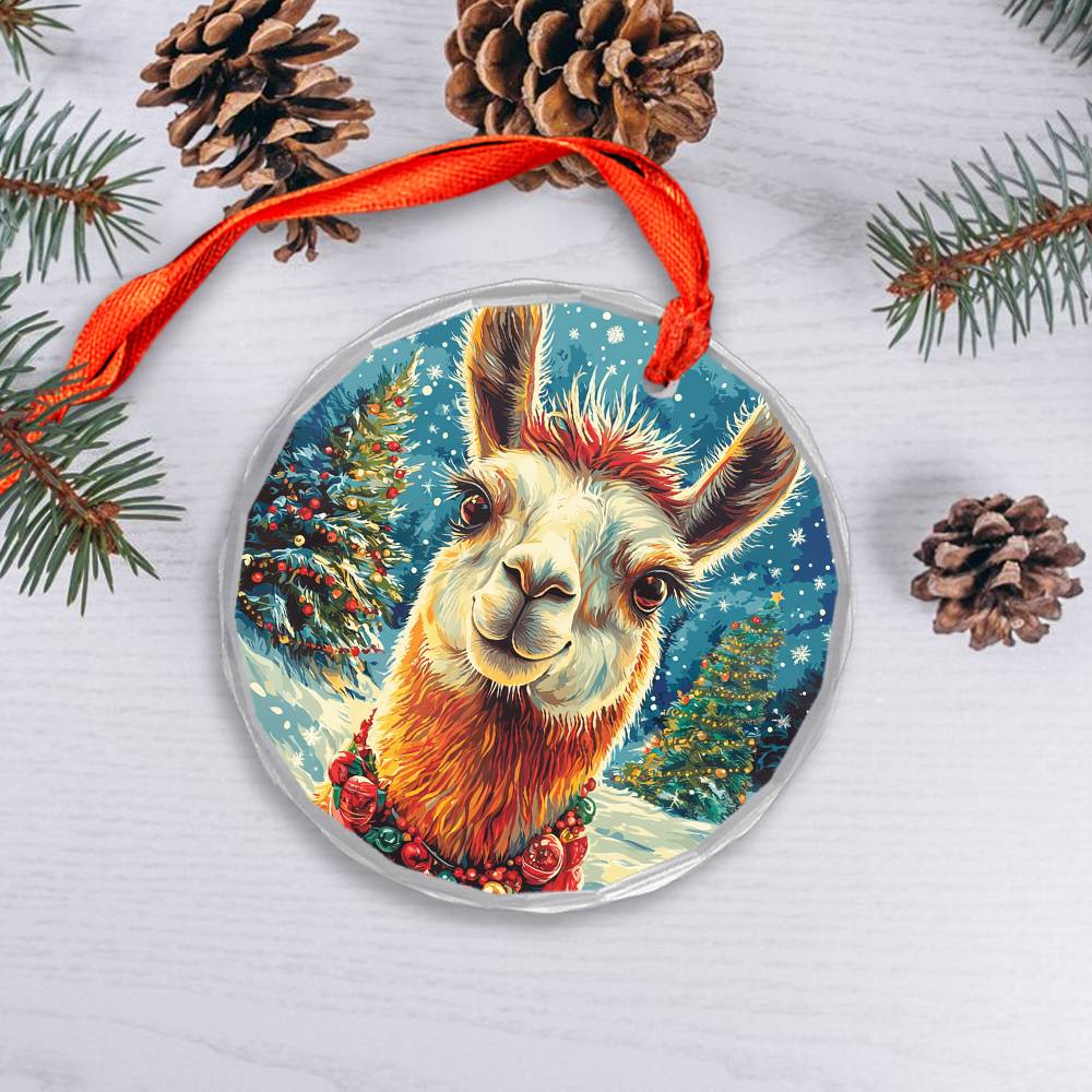 Beautiful Llama Christmas Night Design 1 Glass Ornament