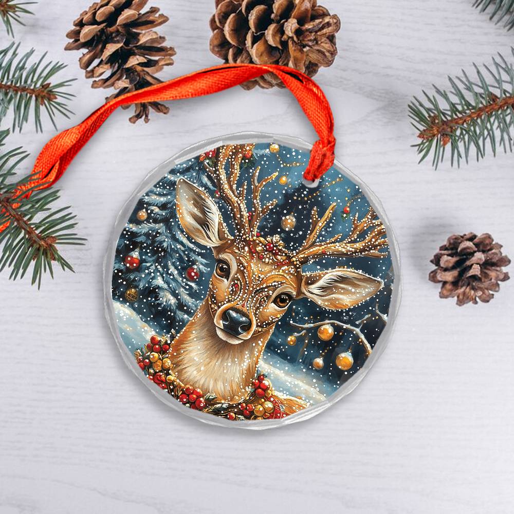 Beautiful Angus Deer Christmas Night Design 2 Glass Ornament